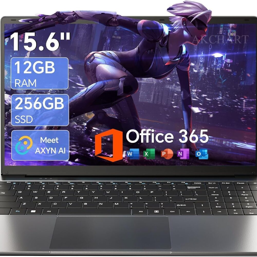 15.6'' AI Laptop with Office 365 12GB RAM 256GB SSD Win 11 Laptops | 7000mAh Battery, IPS FHD, 180°Viewing, Quad-Core Processor, Type-C, WiFi5, Portable Thin Business Student Laptops, Light Gray