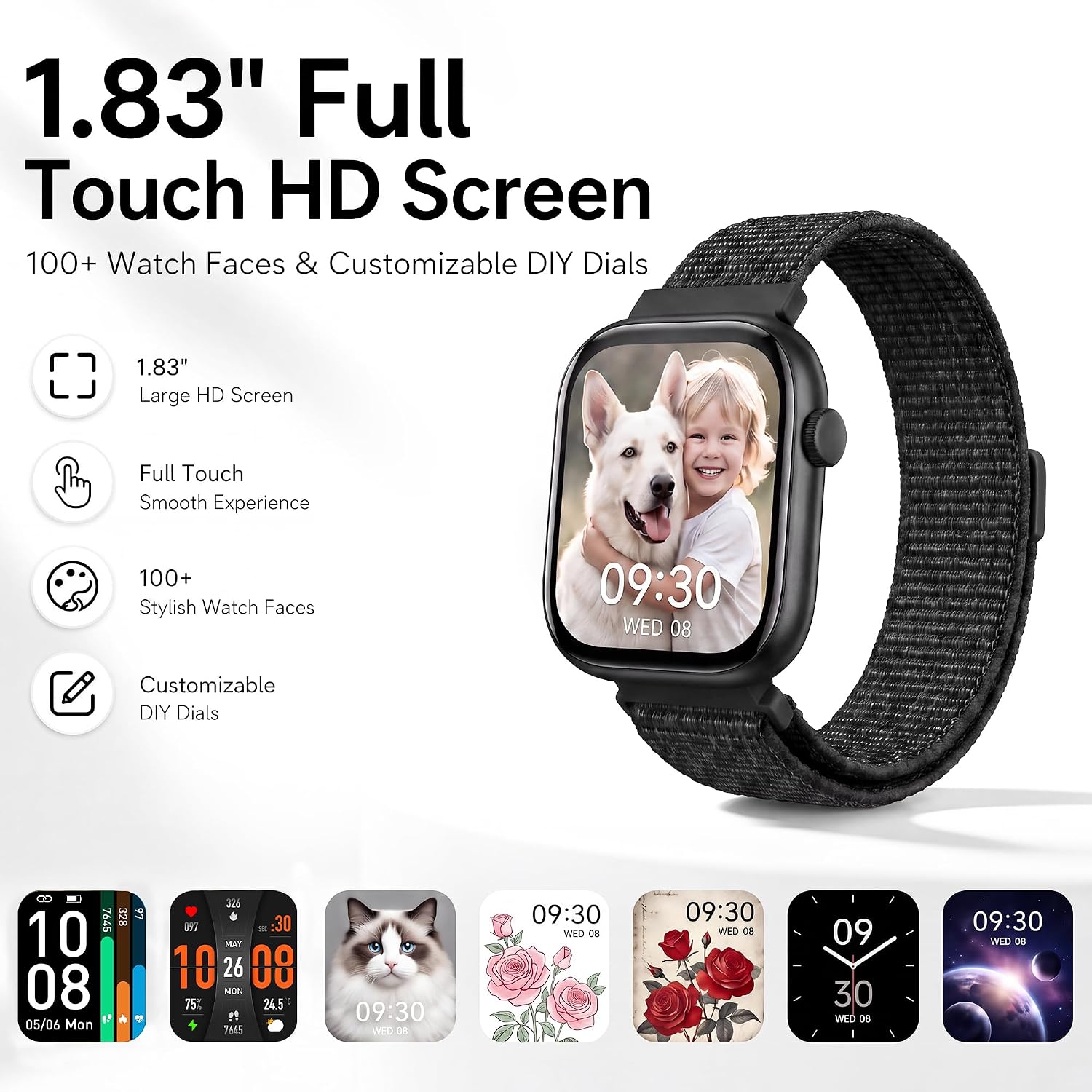 Smart Watch for Women Men, Answer/Make Call, 1.83"HD Touchscreen, 2 Bands | IP67 Waterproof Fitness Tracker, Heart Rate/Sleep Monitor, DIY Dial, Multi-Sport Modes Pedometer, Smartwatch for iOS/Android - Image 2